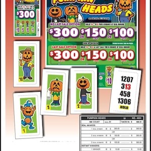May include: A collection of Pumpkin Heads themed scratch-off lottery tickets. The tickets feature cartoon pumpkin characters and text indicating prize amounts. The color scheme includes orange, green, and white.