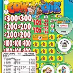 May include: A Cow Chips game card featuring a cartoon cow in a yellow hat holding a pitchfork. The card displays various dollar amounts in red, a grid of yellow windows, and four circular game tokens with illustrations and numbers.