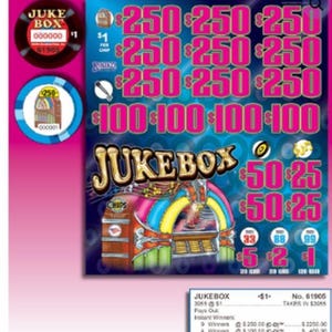 May include: A Jukebox themed lottery game card featuring bright pink prize amounts of 250, 100, 50, 25, 5, 2, and 1 dollars. The card displays a colorful jukebox illustration, two circular game chips, and a payout table with the number 61905.
