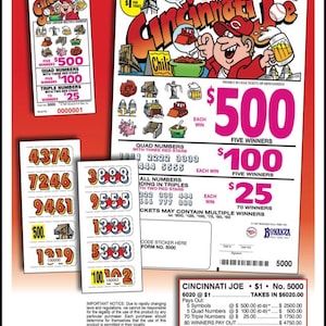 May include: A colorful Cincinnati Joe pull-tab ticket with a cartoon character holding a beer. The ticket features prize amounts of $500, $100, and $25, with various winning combinations and a total of 80 winners.