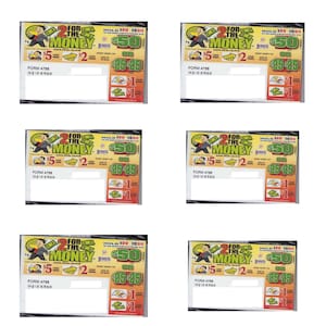 May include: Multiple lottery tickets with a yellow, green, and white design. Each ticket features the text "2 FOR THE MONEY", with denominations of $5, $2, and $50. The tickets also display the text "FORM 4758".
