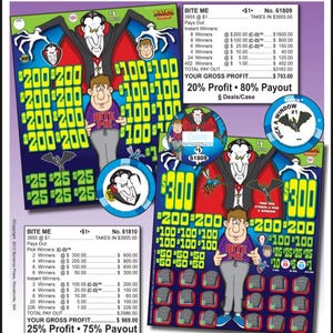 May include: Two rectangular lottery game cards titled BITE ME featuring a cartoon vampire and a person in a purple shirt. The cards display various prize amounts in yellow text, a payout table with dollar signs, and circular game tokens with vampire graphics.