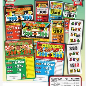May include: A collection of colorful "Fast Food" themed scratch-off lottery tickets. The tickets feature images of hamburgers, tacos, pizza, and fried chicken, with text indicating prize amounts and the chance to win. The tickets are in various colors.