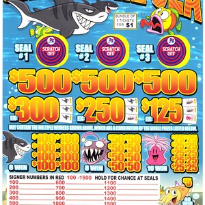 May include: An Under The Sea themed lottery ticket game board featuring cartoon sea creatures, three scratch-off circles, and various prize amounts in yellow and red text. The board includes a list of signer numbers in red and a bottom section for signatures.