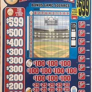 May include: Baseball Squares game board with a baseball graphic and the text "Baseball Squares". The board features a grid with numbers, a baseball field graphic, and prize amounts ranging from $25 to $599.