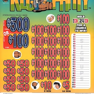May include: A colorful "Keg Party" scratch-off ticket with cartoon illustrations of people drinking beer. The ticket features various prize amounts, including $500, $100, $50, $10, and $5. The ticket also has a section to hold numbers for a chance to win.