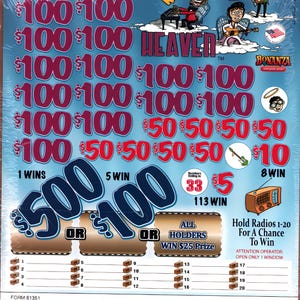 May include: A lottery ticket with a blue background, featuring the text "Rock and Roll Heaven" and various prize amounts in red. The ticket includes illustrations of musicians and a radio.