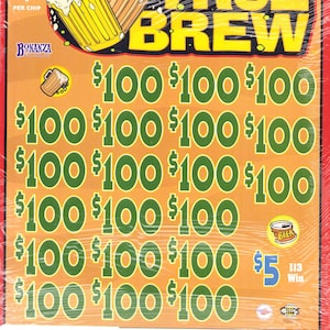 May include: A rectangular True Brew pull-tab game card with an orange background. It features yellow beer mug graphics, the text True Brew, and multiple rows of $100 symbols in green. Includes a $5 win icon, a Bonanza logo, and a ticket count of 3164.