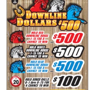 May include: A rectangular game card titled Downline Dollars featuring red, white, and blue horse illustrations, a gold horseshoe, and text detailing winning combinations for $500 and $100 prizes, set against a vertical wood plank background.