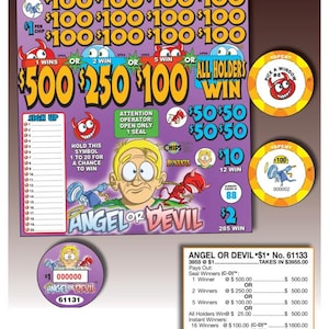 May include: A colorful scratch-off lottery ticket with the text "ANGEL OR DEVIL" and various prize amounts. The ticket features cartoon devils and angels, with the text "ALL HOLDERS WIN".