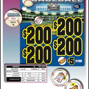 May include: A baseball-themed scratch-off ticket with a blue background, featuring large "$200" text and baseball imagery. Includes a baseball, a hot dog, and a breakdown of potential winnings. The text "BASEBALL" is prominently displayed.