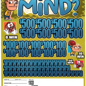 May include: A rectangular scratch-off lottery ticket titled Where is My Mind? featuring a cartoon character with an open head, a pink brain character, and rows of blue dollar amounts including $500, $100, and $50, with a barcode and text at the bottom.