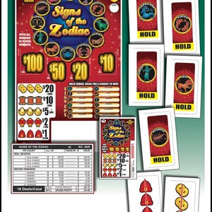 May include: A collection of lottery tickets and cards featuring the theme "Signs of the Zodiac." The main ticket displays zodiac symbols around a central design, with prize amounts of $100, $50, $20, and $10. Additional cards show zodiac signs and the word "HOLD."