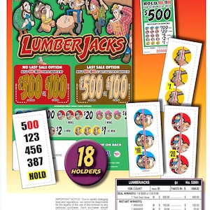 May include: Colorful Lumberjacks-themed pull-tab tickets. The image features cartoon lumberjacks, ticket details, and prize amounts. The tickets offer chances to win up to $500. The image also includes a purple 18-holder sign.
