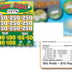 May include: Aces & Eights lottery ticket with a green, yellow, and red design. The ticket displays various prize amounts, including $250, $100, and $50. The ticket also shows the text "19% Profit • 81% Payout".
