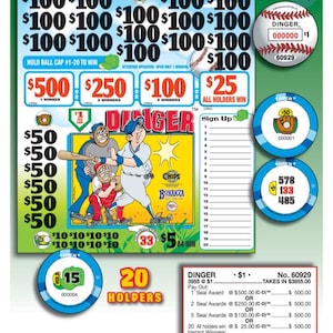 May include: A colorful scratch-off lottery ticket with baseball theme. The ticket features illustrations of baseball players, prize amounts, and the word "DINGER". The ticket also includes the text "HOLD BALL CAP #1-20 TO WIN".