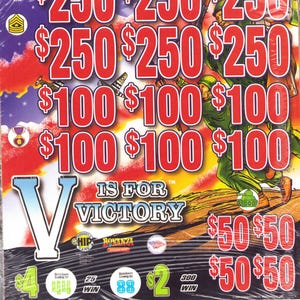 May include: A V is for Victory game ticket featuring a military theme with soldiers, airplanes, and tanks. The ticket displays large red dollar amounts of $250, $100, and $50 against a red, white, and blue background. It includes text and icons.