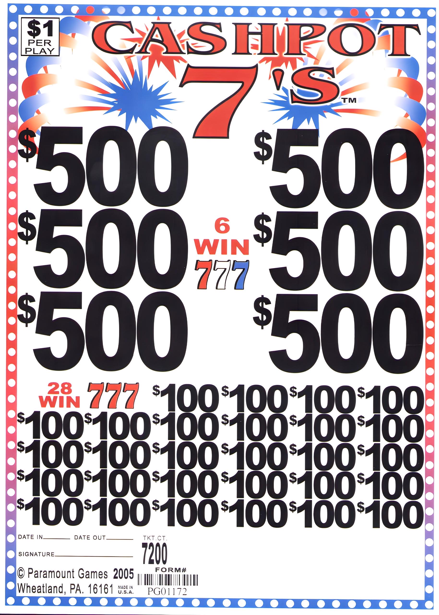 CashPot 7's 7,200 ct- Jar Ticket - Pull Tab Ticket - Ticket for Amusement purpose only