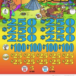 May include: An Aztec Gold lottery scratch-off ticket featuring a cartoon character, a pyramid, and a treasure chest. The ticket displays various prize amounts in blue and yellow text, including $250, $100, $25, $5, and $2, with a ticket count of 3955.
