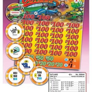 May include: A colorful scratch-off ticket with the title "Outlaws" and images of race cars. The ticket features multiple rows of $100, $50, and $20 prize amounts, along with several circular game pieces.
