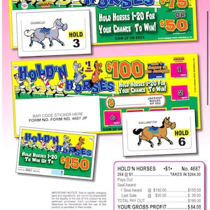 May include: A collection of "Hold'n Horses" pull-tab tickets. The tickets feature cartoon horses, jockeys, and text like "Hold Horses 1-20 For Your Chance To Win!" and prize amounts of $150, $75, and $50. The tickets are in various colors, including yellow, green, and pink.