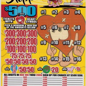 May include: A yellow Heart Stopper lottery ticket featuring a cartoon heart character with bandages, sixteen numbered windows, and red text displaying prize amounts from $50 to $500. The ticket includes a barcode, Paramount Games branding, and instructions.