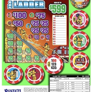 May include: A "Climb the Ladder" pull-tab ticket with a firefighter theme. The ticket features various prize amounts, including $100, $75, and $50. The design includes a ladder, a fire truck, and the text "Win up to $599."