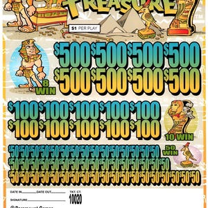 May include: An "Egyptian Treasure" scratch-off ticket with cartoon graphics of pharaohs, pyramids, and hieroglyphs. The ticket features multiple rows of potential winnings, including $500, $100, and $50 prizes. The text "LAST SALE $500" is at the bottom.