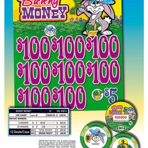 May include: A colorful "Bunny Money" scratch-off ticket with a cartoon bunny holding money. The ticket features the text "$100" multiple times, along with the text "$5". Includes three matching game chips.
