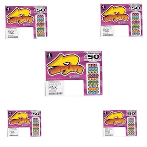 May include: Multiple pink scratch-off lottery tickets with the word "REPLAYS" in a yellow and red design. Each ticket displays the text "$50" and a list of numbers. The word "PINK" is printed on each ticket.