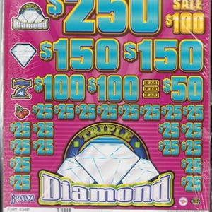 May include: A rectangular Triple Diamond pull-tab game card with a bright pink background. The card features large blue dollar amounts, diamond icons, a lucky seven, cherries, and bar symbols. Text includes $250, $150, $100, $50, $25, and TICKET COUNT 1808.
