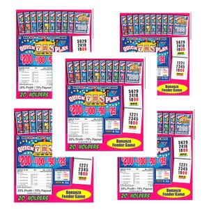 May include: Multiple Quick Play scratch-off lottery tickets with various prize amounts, including $200, $100, $50, and $25. Each ticket features a slot machine graphic and the text "Quick 7 Play". The tickets are displayed on a pink background.