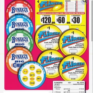 May include: A collection of colorful pull-tab tickets with text including "Bonanza" and "Flingers". The tickets feature various prize amounts and the text "Hold Numbers 113-1513 for a chance to win."