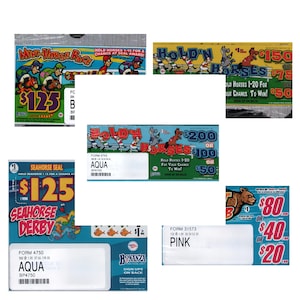 May include: A collection of lottery tickets with various themes, including a mini-horse race, a seahorse derby, and a hold'n horses game. The tickets feature different prize amounts, such as $125, $200, $150, $80, $40, and $20. The tickets are all in various colors, including blue, green, yellow, and pink.