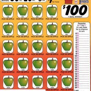 May include: A "Granny's Apple Tree" pull-tab ticket with green apple graphics. The ticket features numbers, prize amounts, and the text "Pick an Apple." The ticket is blue and has the form number 5088.