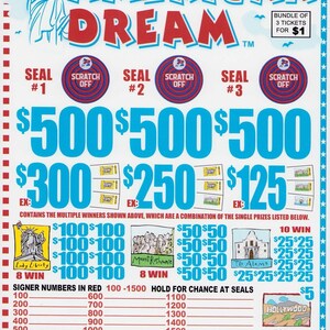 May include: A colorful lottery ticket with the words "AMERICAN DREAM" in red. It features scratch-off areas, prize amounts, and illustrations of the Statue of Liberty, Mount Rushmore, and The Alamo. The ticket is for a bundle of 3 tickets for $1.