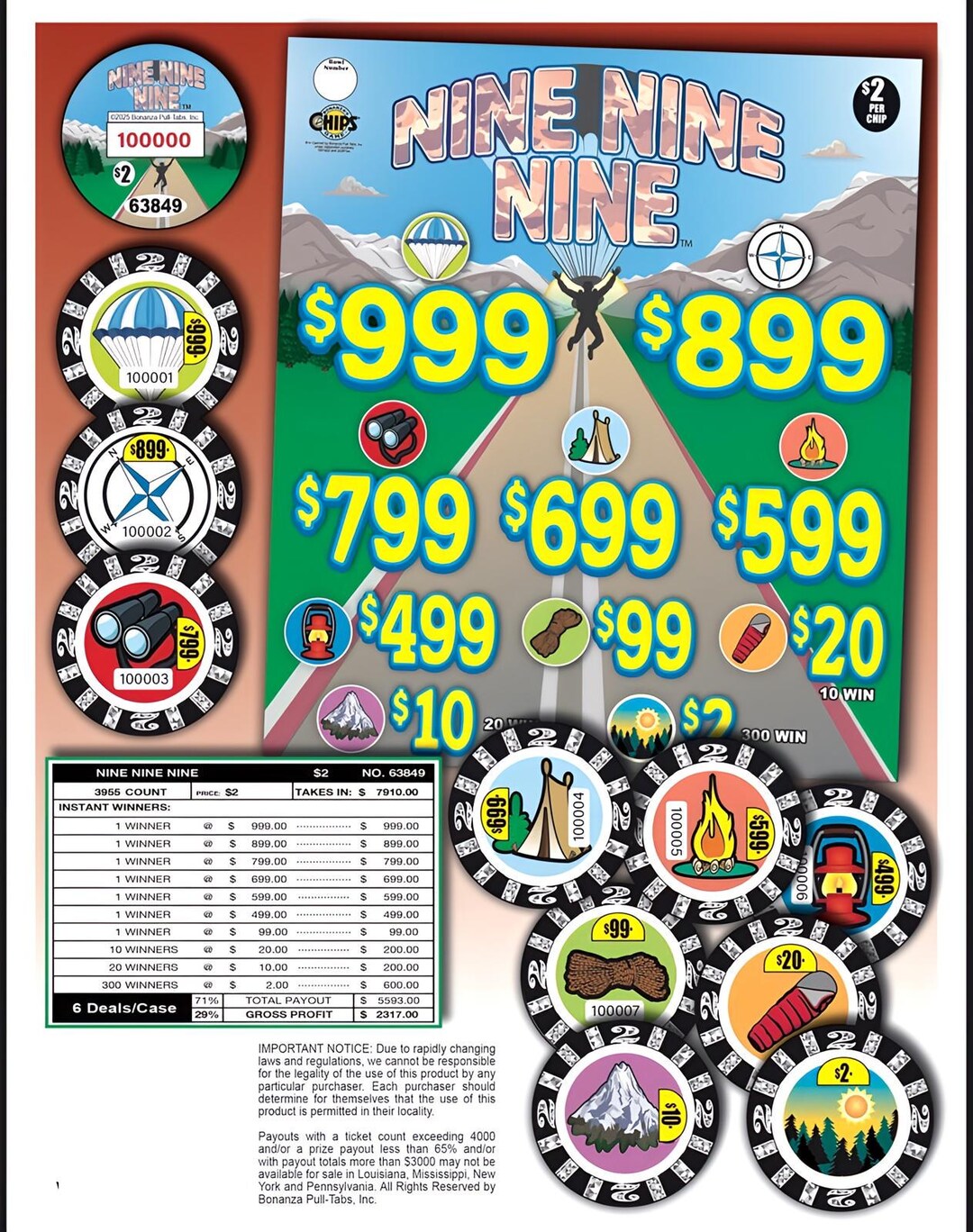 Pull Tab Tickets - Chips - Game - 2 Dollar Ticket - Nine Nine Nine LAST ...