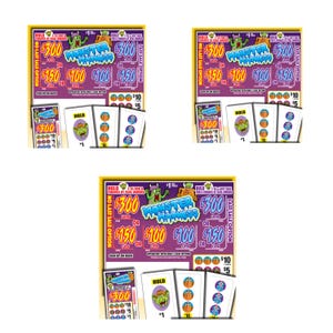 May include: Three identical Monster Madness pull-tab game boards featuring purple backgrounds, cartoon monster illustrations, and bold text displaying prize amounts like $300, $150, and $100. Each board includes attached ticket strips.
