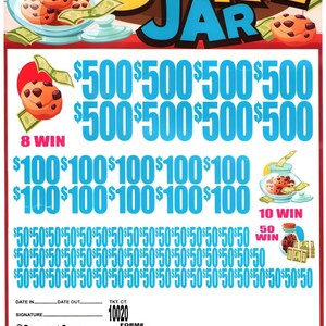 May include: A Cookie Jar lottery ticket featuring a large yellow and blue title, illustrations of glass jars filled with chocolate chip cookies and green cash, and rows of blue dollar amounts including 500, 100, and 50, with text reading 1 PER PLAY.