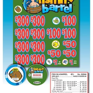 May include: A green and blue "Fish in a Barrel" scratch-off ticket with various prize amounts in red. The ticket features cartoon fish illustrations and the text "Fish in a Barrel". Two circular tokens are also visible.