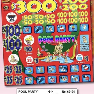 May include: A colorful "Pool Party" scratch-off ticket with cartoon graphics. The ticket features various prize amounts, a pool scene, and the text "Pool Party". A bonus chip with a cartoon character is at the top.