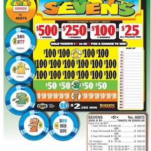 May include: A colorful lottery ticket with the word "SEVENS" in large letters. The ticket features various prize amounts, including $500, $250, and $100. There are also several circular game pieces with numbers and the word "OPEN" on them.
