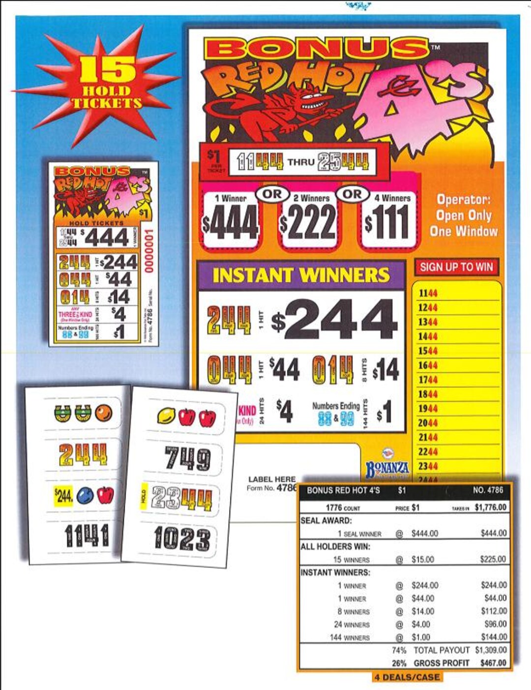 Pull Tab Tickets - Hard Card - Game - Tab Holder - Bonus Red Hot 4's Ct ...