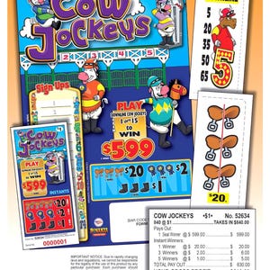 May include: A collection of "Cow Jockeys" scratch-off lottery tickets and promotional materials. The main ticket features cartoon cow jockeys and the text "Cow Jockeys". Additional tickets and a payout summary are also visible.
