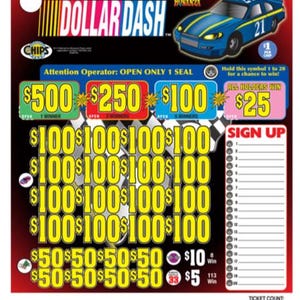 May include: A colorful scratch-off lottery ticket with the text "DOLLAR DASH" and a blue race car graphic. The ticket features various prize amounts, including $500, $250, $100, and $25, with multiple chances to win.
