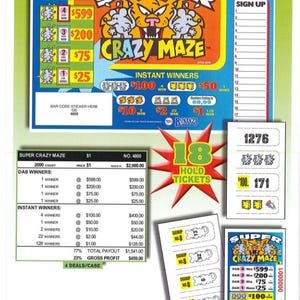 May include: A colorful Super Crazy Maze scratch-off ticket with a cartoon mouse and cat design. The ticket features various prize amounts, including $599, $200, $75, and $25. Additional tickets and prize details are also shown.