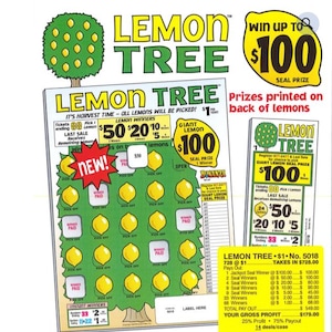 May include: A colorful Lemon Tree scratch-off lottery ticket with a tree graphic and the text "Win up to $100". The ticket features yellow lemons and the text "It's Harvest Time - All Lemons Will Be Picked!"