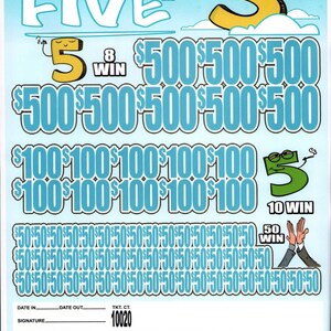 May include: A lottery ticket with a blue background and white text. The ticket features the words "HIGH FIVE" and various prize amounts, including $500, $100, and $50. The ticket also has a cartoon "5" character.