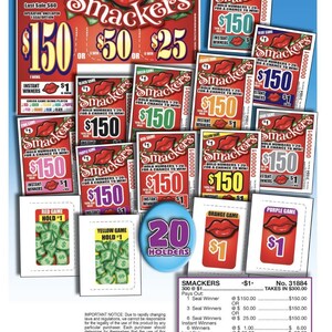 May include: A collection of Smacker's pull-tab tickets with various prize amounts, including $150, $50, and $25. The tickets feature a red lips logo and the text "Hold Numbers 1-20 for a Chance to Win!"