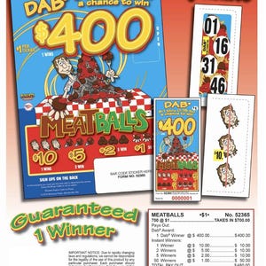 May include: A promotional image for "Meatballs" pull-tab tickets. The design features a cartoon chef with a large meatball dish, the text "$400" in large yellow numbers, and the phrase "75 Play Tickets".